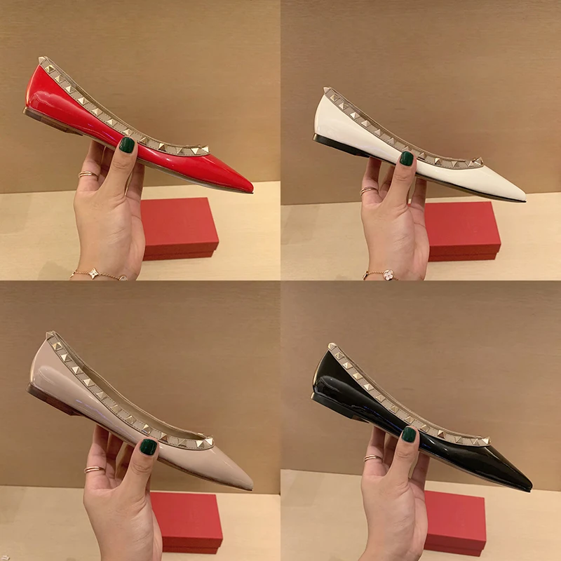 Real Leather 2023 For Women's Flat Shoes Luxury Brand Rivet Shoes Comfortable Casual Outdoor Pointed Toe Ladies Shoes With box