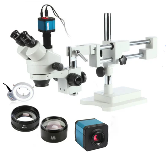 

3.5X 90X 180X Simul-Focal Double Boom Stand Trinocular Stereo Zoom Microscope 38MP 2K HD USB Camera 144 LED Light Microscopie