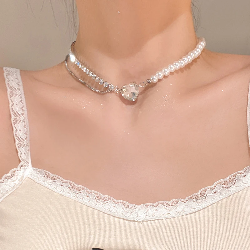 

Цепочка с кулоном в виде сердца, Двухслойное ожерелье с кулоном из циркония, имитация жемчуга, роскошные аксессуары в Корейском стиле