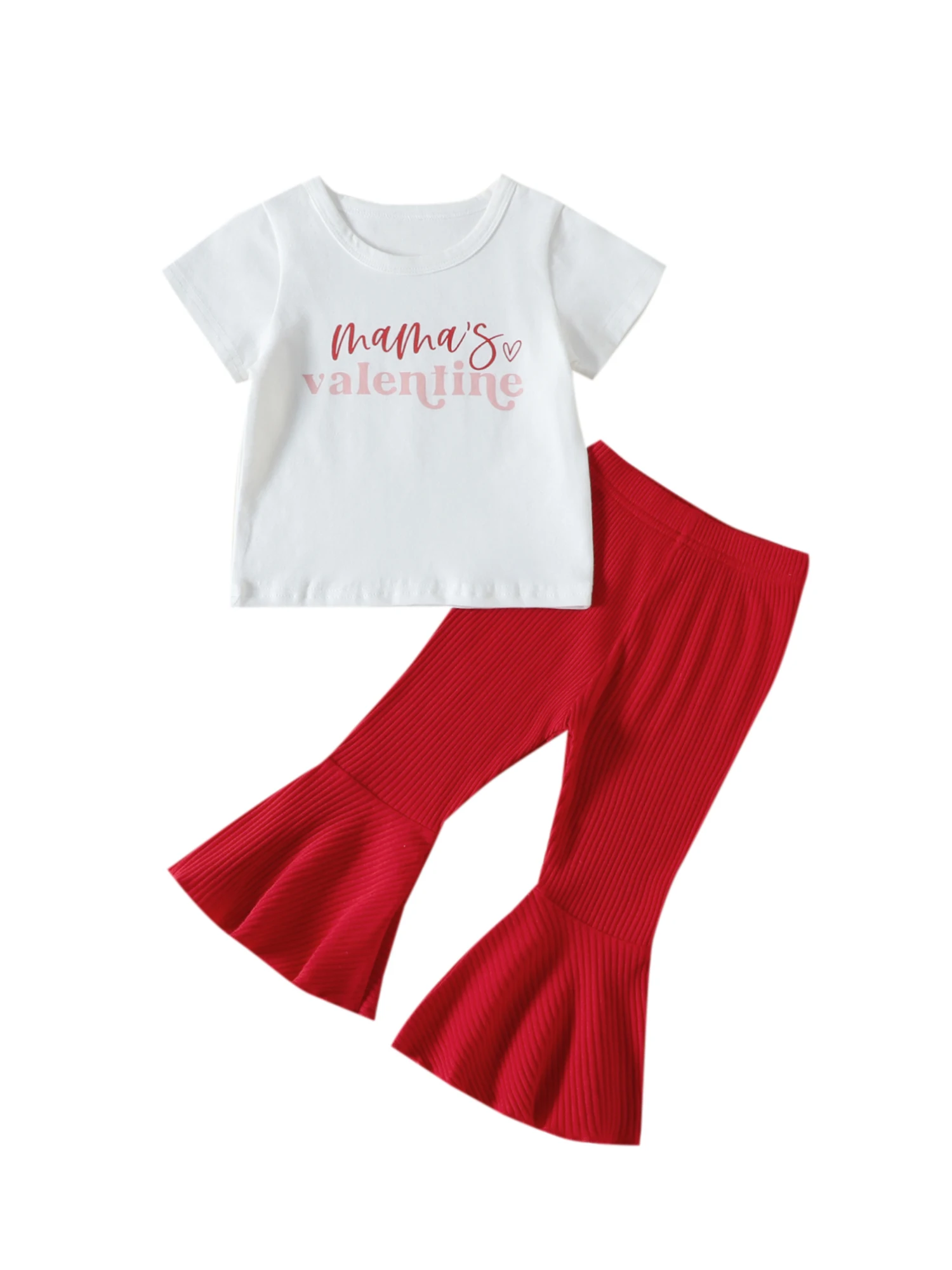 

Baby Girl Valentines Day Bell Bottom Outfit 2Pcs Clothes Set Letter Short Sleeve Crewneck Shirt Ribbed Flare Pants