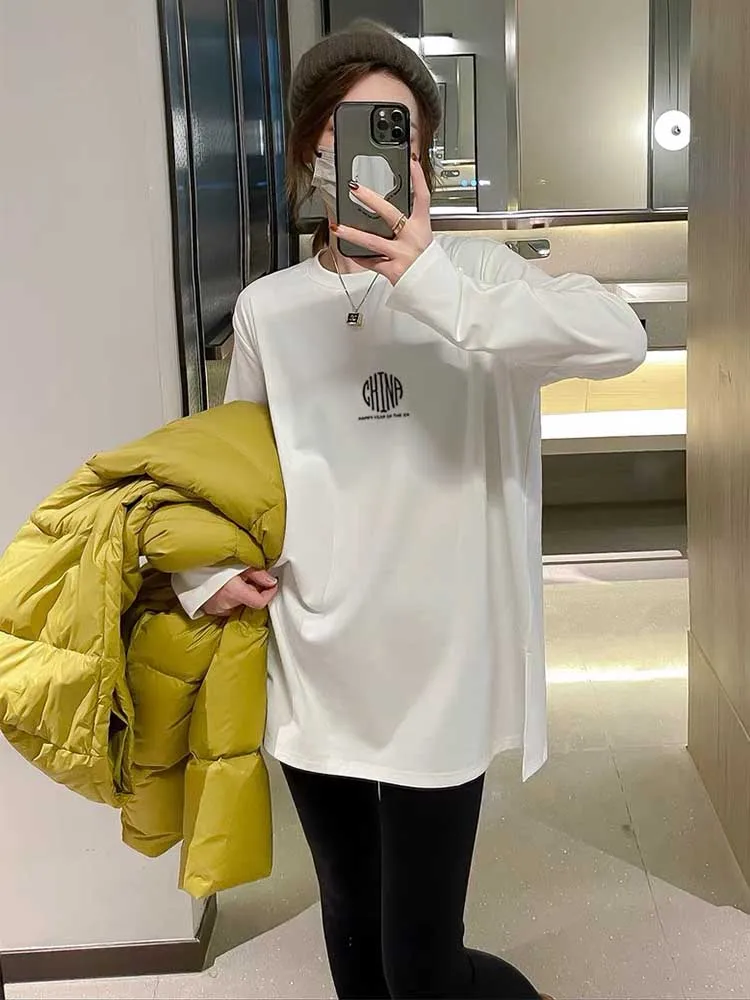 Cotton round Neck Long sleeves Shirt Women Mid-Length Korean Sle Loose Casual Plus size White Top Bottoming Spring an...