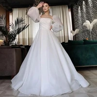 thinyfull a line organza boho wedding dresses detachable long puff sleeves bridal gowns a line princess pleat bride party dress