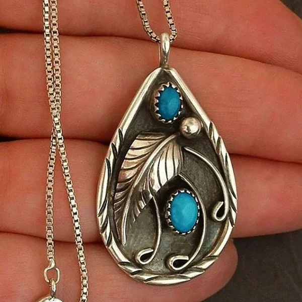 

Delysia King Women Vintage Feather Water Drop Pendant Inlaid Turquoise Dyed Black Leaf Engagement Necklace