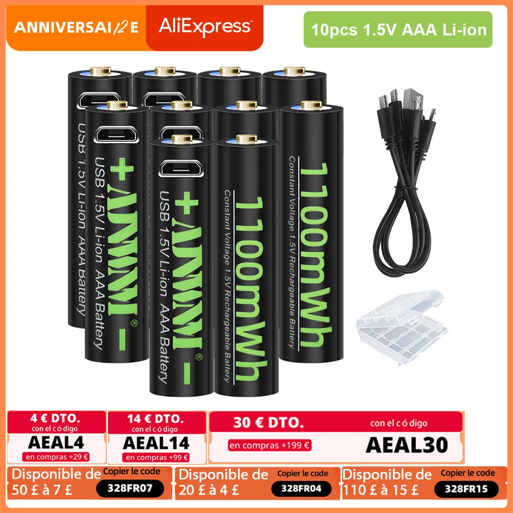 AJNWNM USB AAA перезаряжаемая батарея Li-Ion 1 5 V 1100mWh литиевая предварительно заряженная