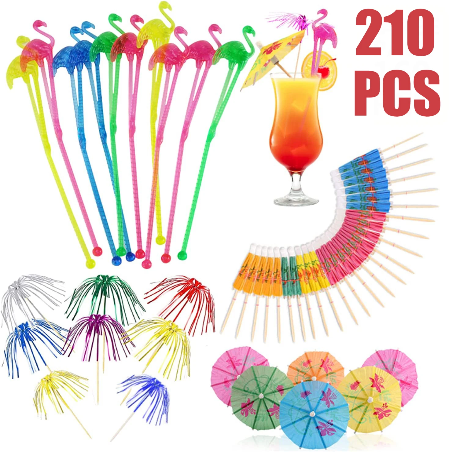 

210Pcs Cocktail Party Decorations Set with Flamingo Cocktail Stirrers Drink Umbrellas for Hawaii Tropical Summer Party Supplies