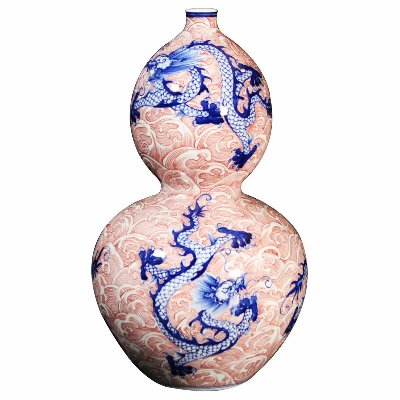 

Античный Фарфор Jingdezhen ваза под глазурь красный керамический дракон ваза-тыква для домашнего офиса Декор