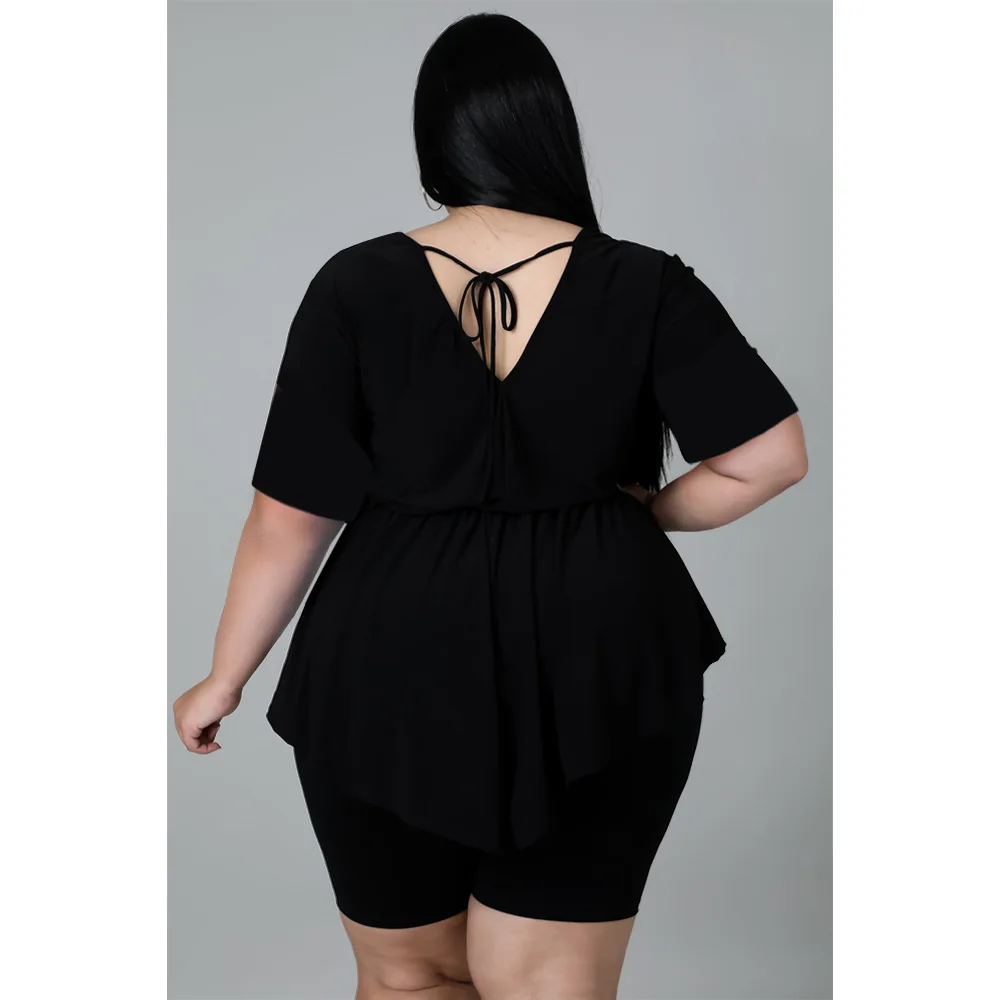 Plus Size Women 5xl Sets Solid Ruffle Shirt Tops And Short Pants 2022 Summer Fashion Two Piece Set Lady Cheap Wholesale Clothes