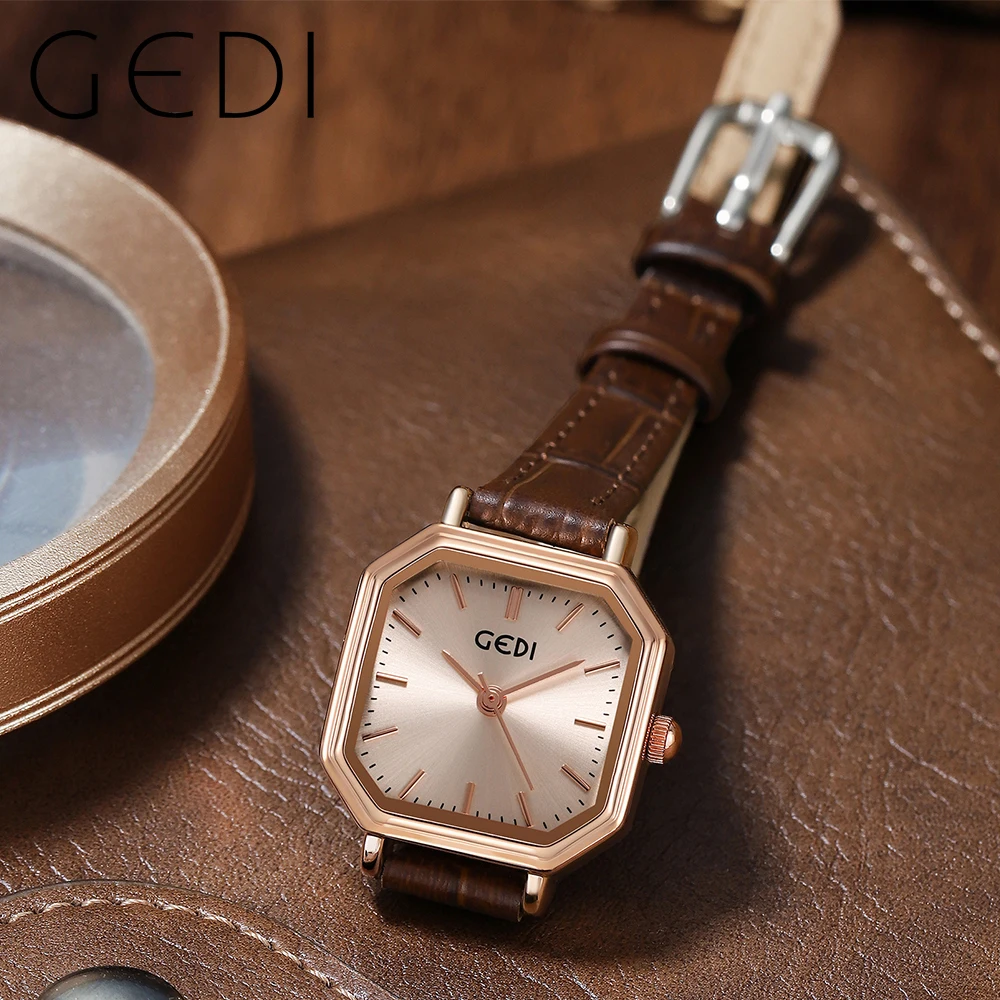 GEDI New Square Women Watch Luxury Business Waterproof Quartz Analog Ladies Watch Leather Strap Fashion Casual Female Wristwatch