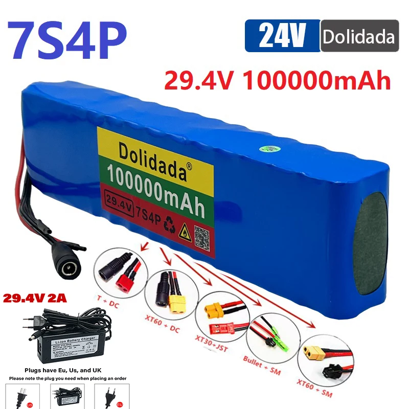 

7S4P 24V 29.4V 100Ah Rechargeable Lithium Battery Charger Intelligent BMS Tourist Bus, Outdoor Power Supply, Lawn Mower,Display