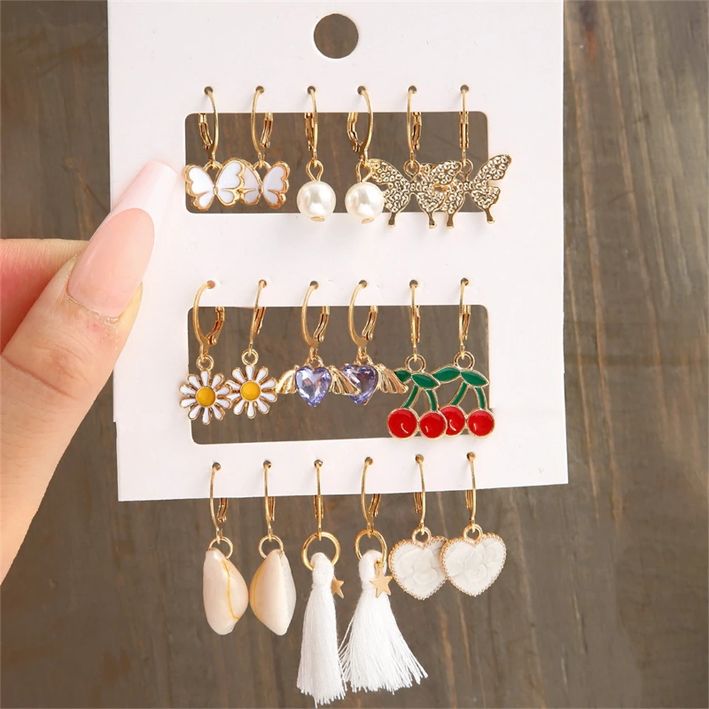 

9 Pairs Daisy Flower Butterfly Pearl Earrings Set For Women Korean Cherry Heart Tassel Cute Small Stud Earring Brincos Jewelry