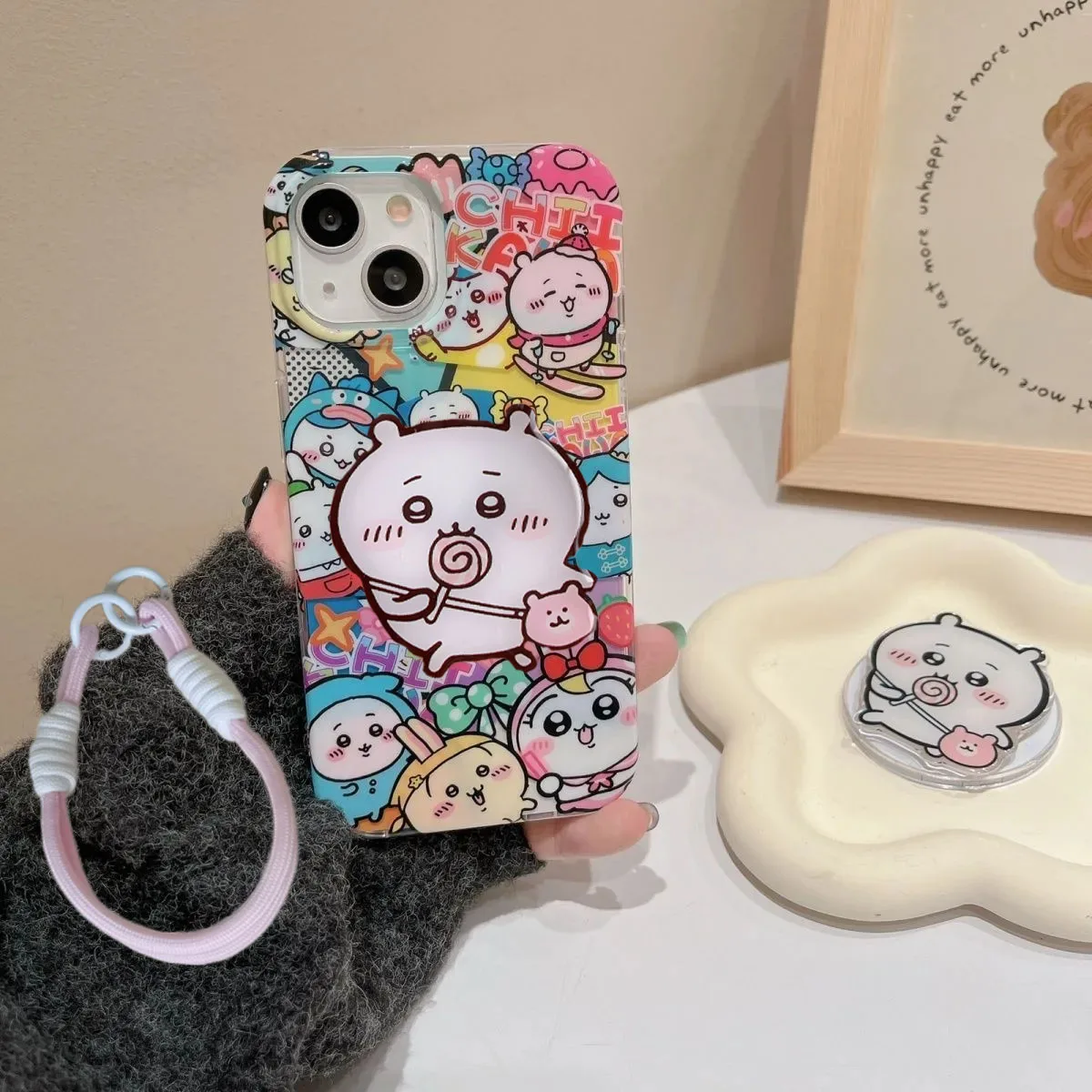 Полноэкранный чехол Chiikawa с цветным кавайным милым ремешком для iPhone 16 15 14 12 13 11 Pro Max