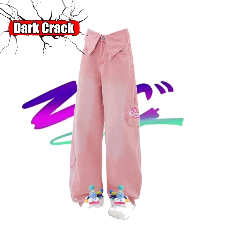 

Винтажные женские широкие брюки Y2k в стиле Харадзюку, панк, с высокой талией и вышивкой звезд, повседневные свободные прямые джинсовые брюки для девушек