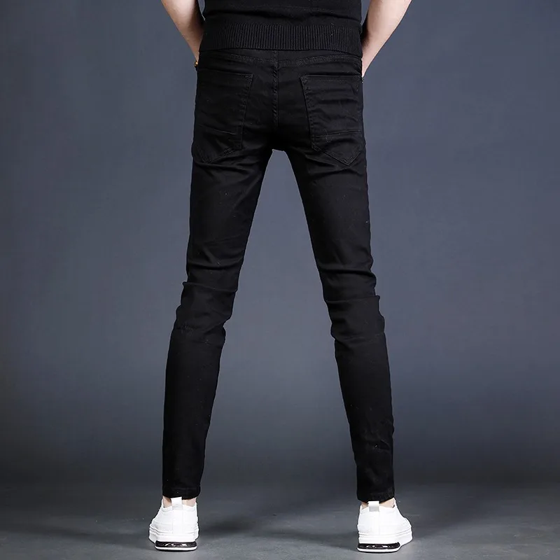 Summer Black Jeans Men Fashion Zipper Pencil Pants Streetwear Casual Stretch Slim Fit Cotton Denim Trousers