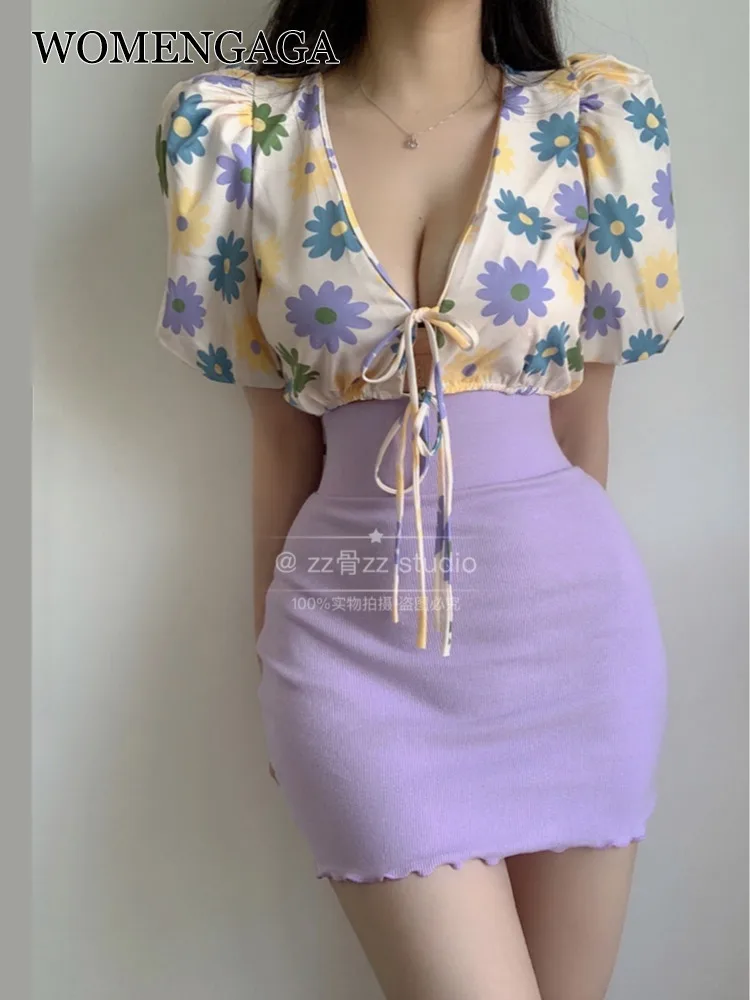 

WOMENGAGA Retro V-neck Low Chest Print Flowers Lady Puff Sleeve Lace Up Short Shirt Hot Sexy Sweet Korean Women Blouse Tops SDK2