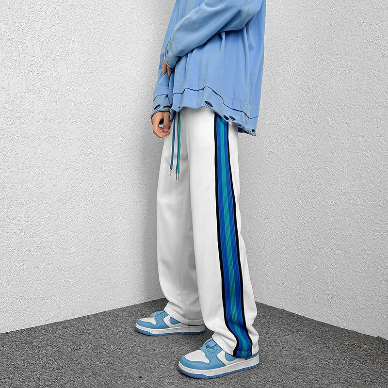 

Hybskr Blue Striped Men's Sweatpants Loose Straight Fashion Trousers Hip Hop Elastic Waist Casual Male Sports Pants Harajuku