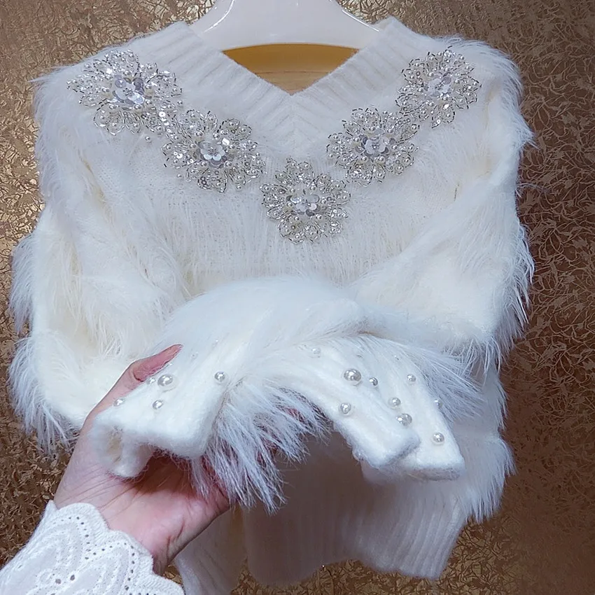 

Модный плотный свитер со стразами и цветами, женские зимние свободные пуловеры с V-образным вырезом