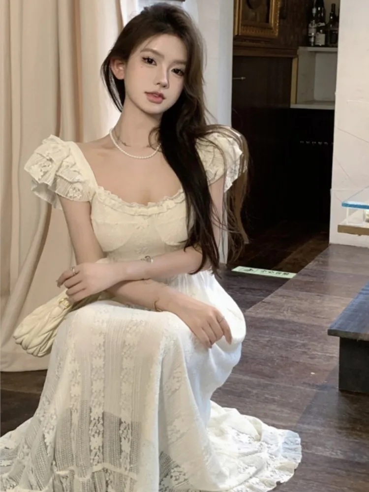 

Elegant Beige Lace Midi Long Dress Women Summer Vintage Square Collar Solid Slim Fit A-Line One Piece Vestidos Female Clothes
