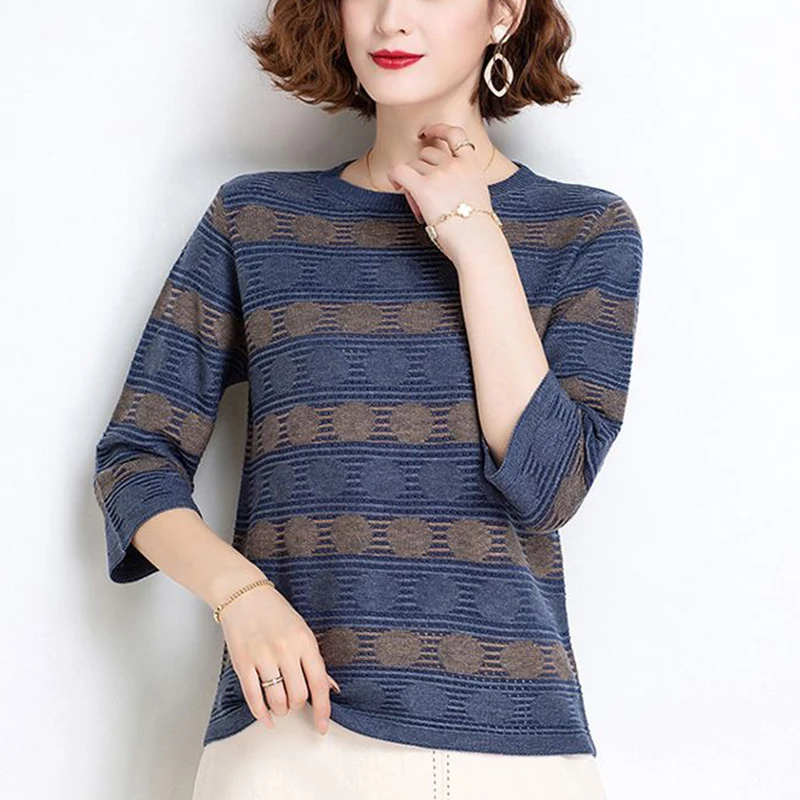 

Summer Elegant Fashion Chic T-shirt Women All Match Contrasting Color Three Quarter Sleeve Round Collar Knitted Loose Casual Top