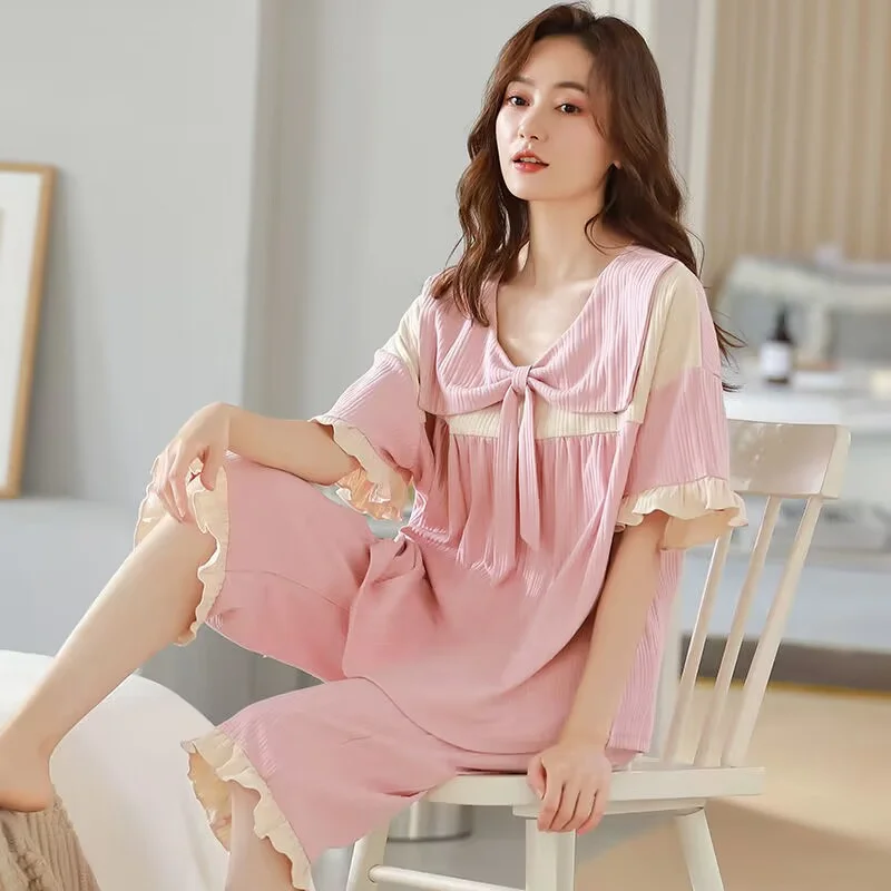 Summer Pajamas Set Short Sleeve Tops Shorts 2Piece/Set Spring Casual Sweet Cartoon Pyjama Big Size Homewear Cozy Sleepwear
