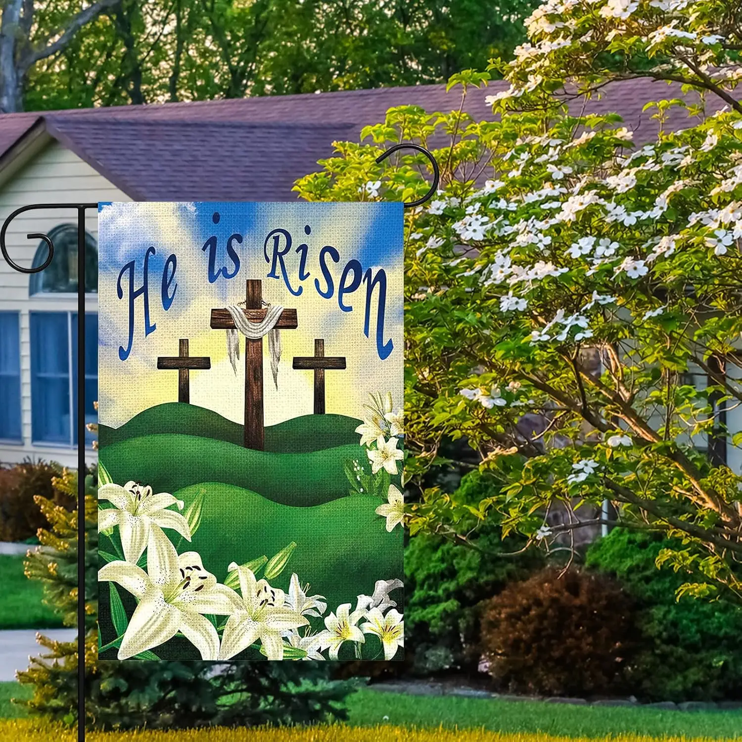 Heyfibro He Is Risen Садовый флаг Пасхальный крест Иисуса Религиозные лилии Садовые флаги