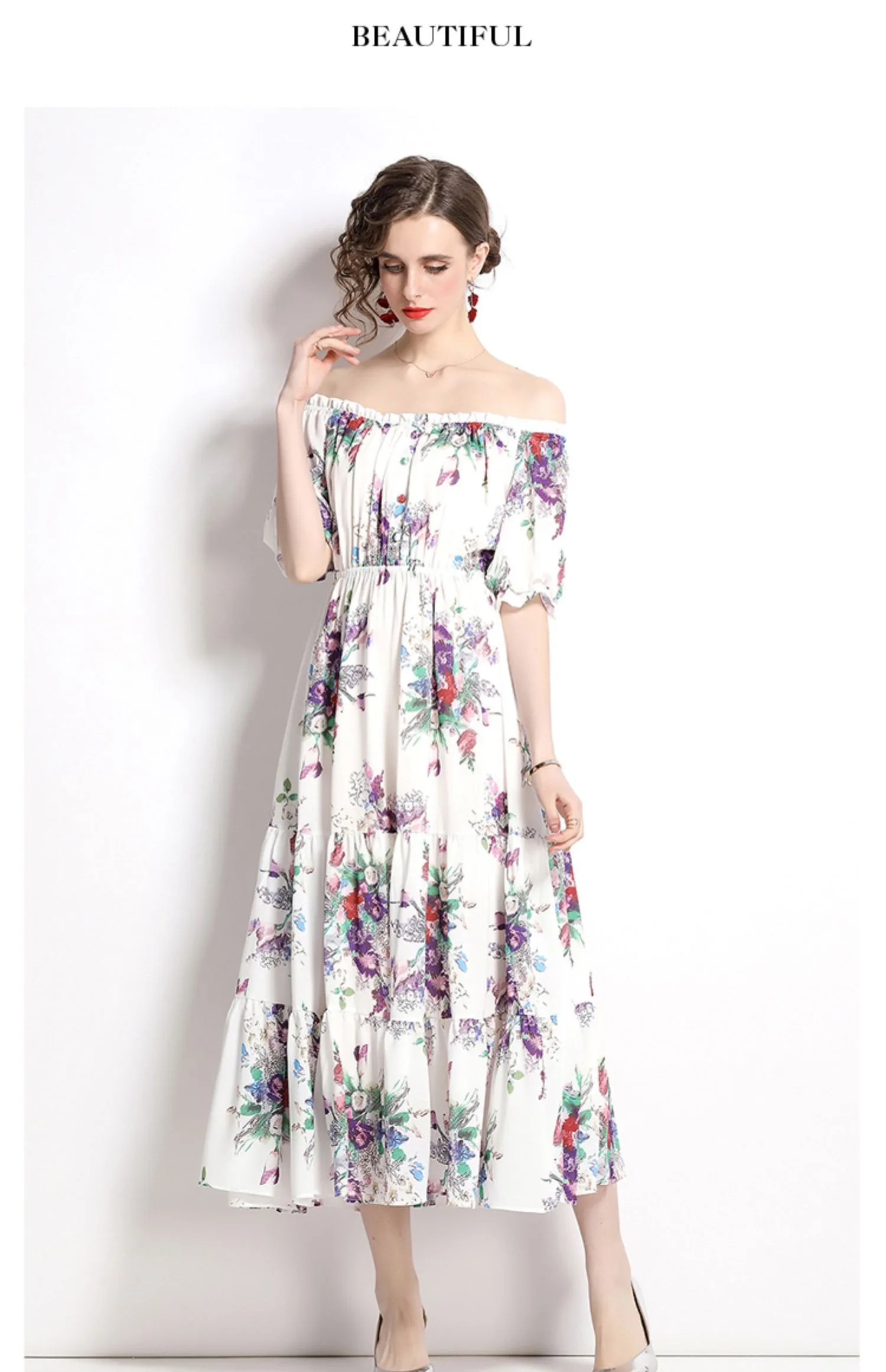

A word collar short sleeve cultivate one's morality printed chiffon dress in the summer