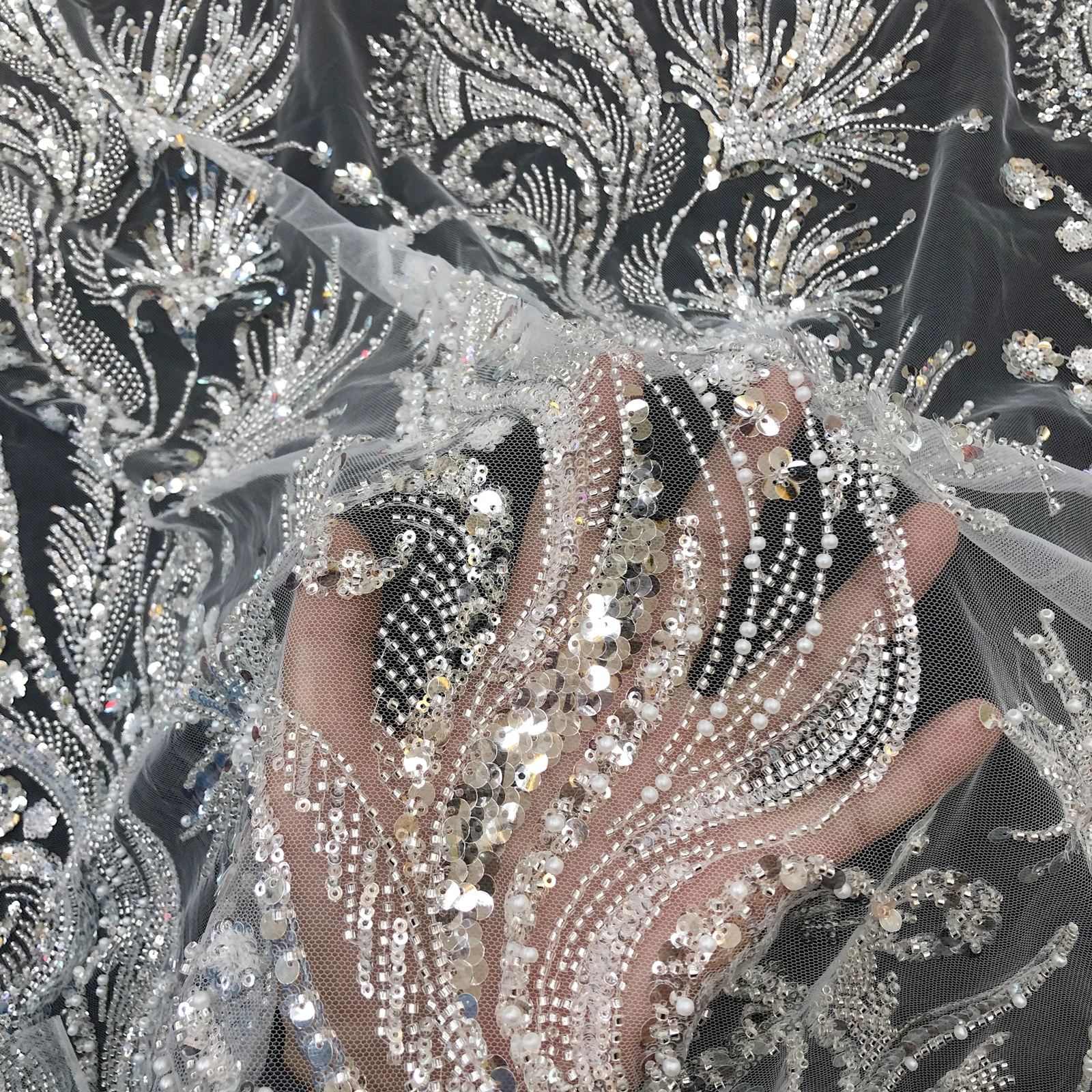 

Luxury High Quality Silver Sequin Beads Tulle Embroidery Custom High-End Wedding Evening Dress Lace Fabric
