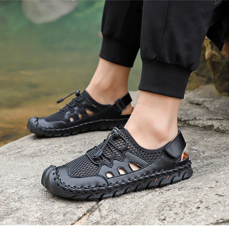 

2022 Summer Men's Leather Large Size Breathable Beach Slippers Sandals Hand-sewn Bottom Men's Shoes size 39-48