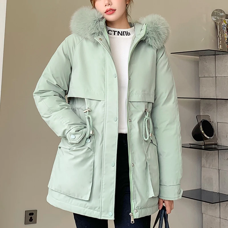 New Fashion 2022 Winter Jacket For Women Students Solid Hooded Large Fur Parkas Drawstring Slim Warm Coat Female Wear Outwear
