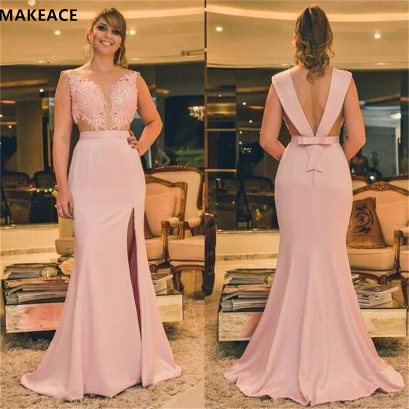 Женское атласное платье с юбкой-годе V-образным вырезом и высоким разрезом |