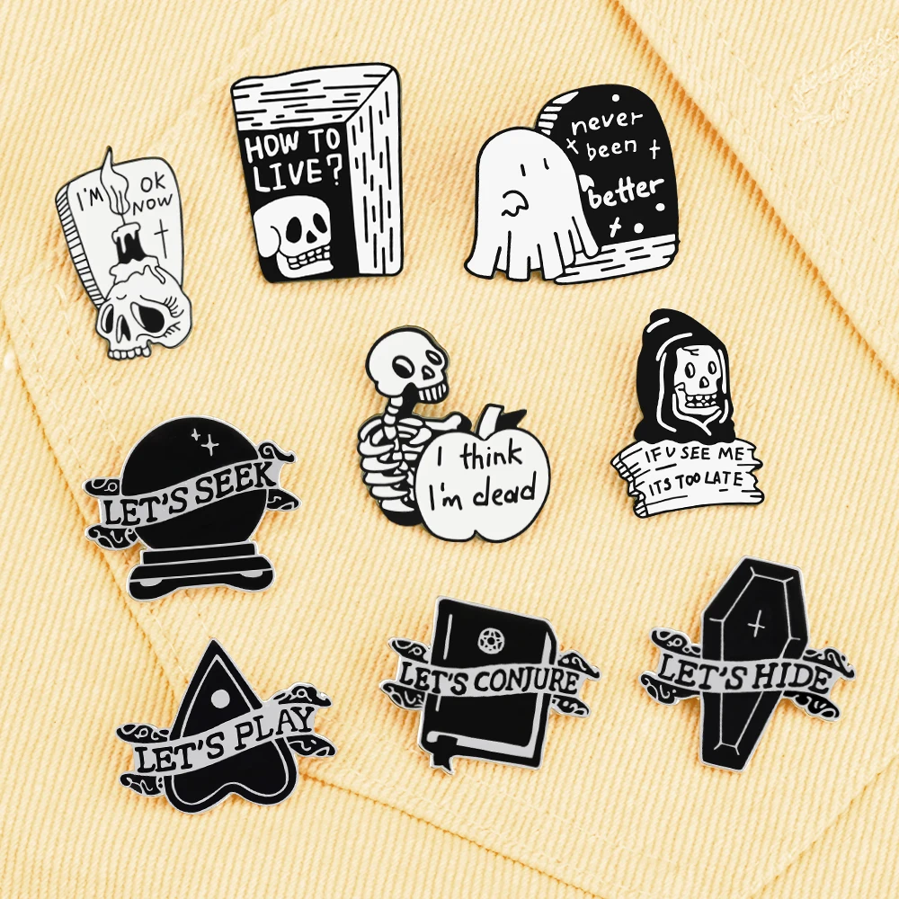 9 Styles Punk Black Humorous Enamel Pins I THINK I'M DEAD Skeleton Brooches Women Men Halloween Decoration Lapel Pin Badges New