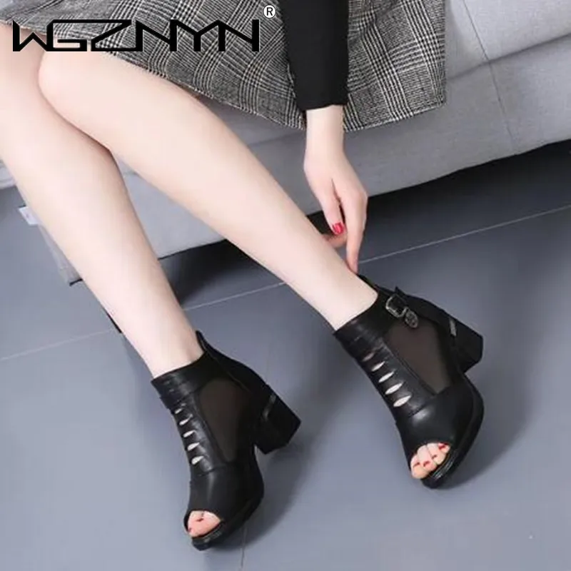 

2022 Women's Shoes Fish Mouth Sandals Temperament Summer Thick Heel Sandals Women Hollow Breathable Women's Sandals Middle Shoes