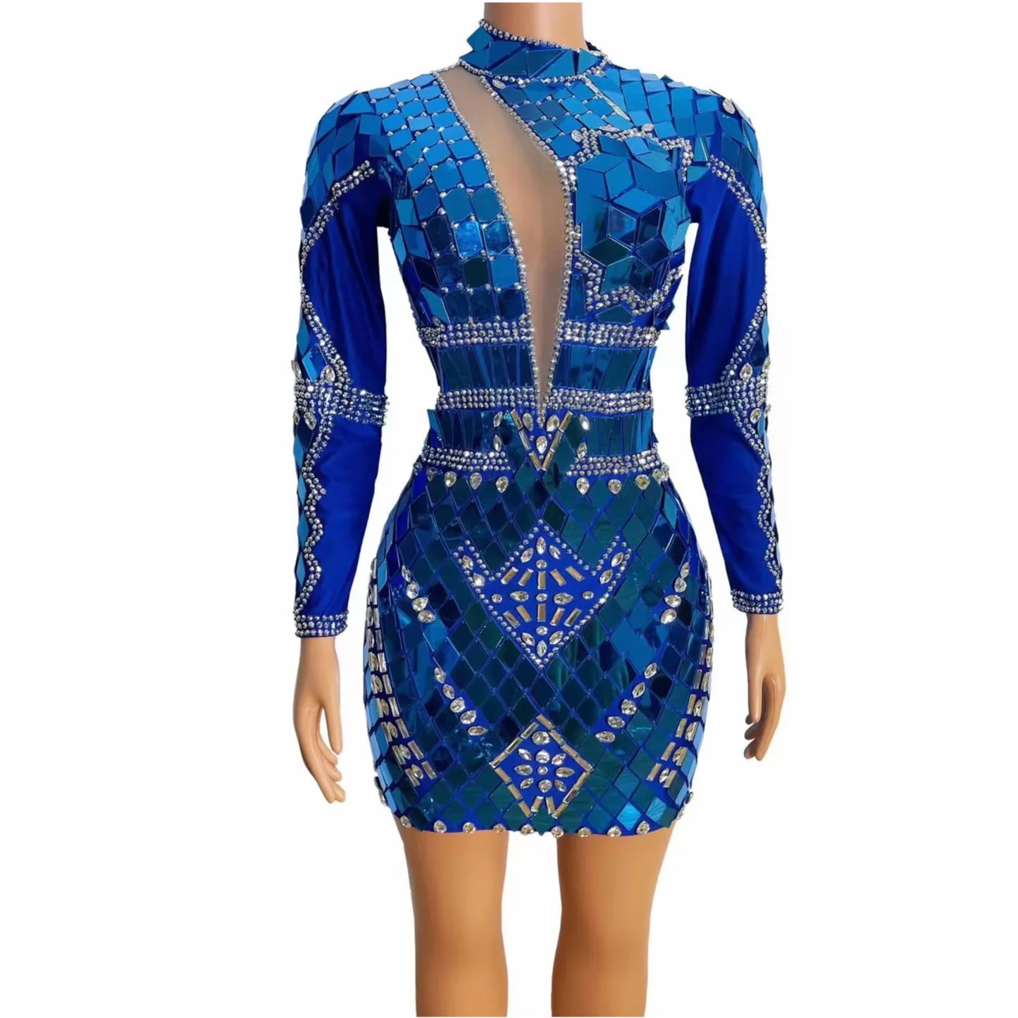 

Blue Gold Shining Mirror Sequins Rhinestones Sexy Long Sleeves Sheath Dress For Women Nightclub Party Clothing Singer Stage Wear