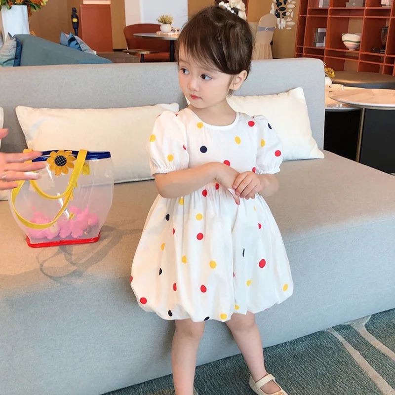 

Girls Summer Skirt Polka Dot Tie Short-sleeved Dress Flower Bud Skirt 2022 Summer Children's Clothing