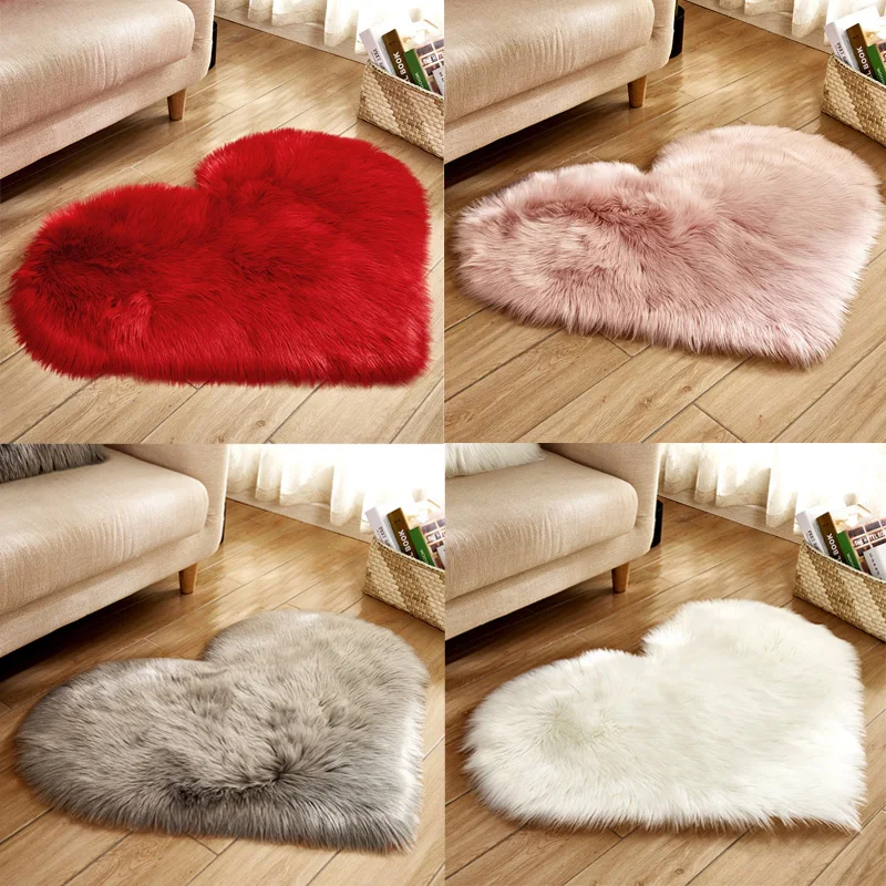 

Heart Shaped Fluffy Rug Sofa Cushion Faux Wool Carpet Bedroom Bedside Mat Decorative Floor Mats Soft Supple Plain INS Style