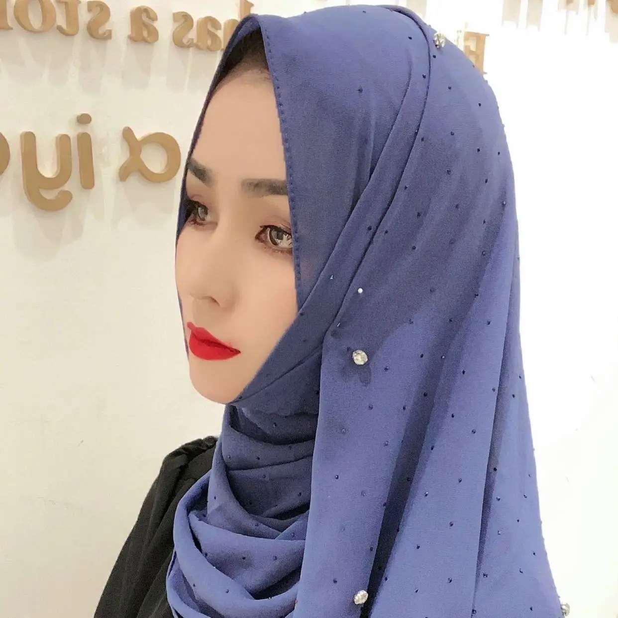 Women Rhinestone Hijabs Chiffon Muslim Headscarf Solid Color Shawls and Wraps Pashmina Stoles Female Hijab Plain Turban 2023