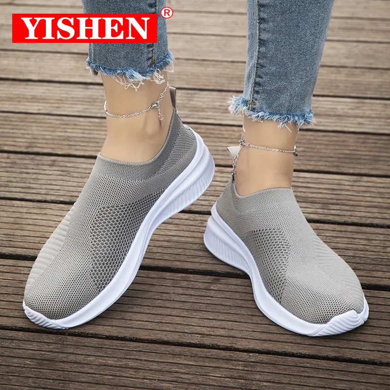 

YISHEN Women Sneakers Flats Breathable Mesh Casual Shoes Slip On Grey Running Shoes Cozy Sock Shoes Zapatos De Mujer Lightweight