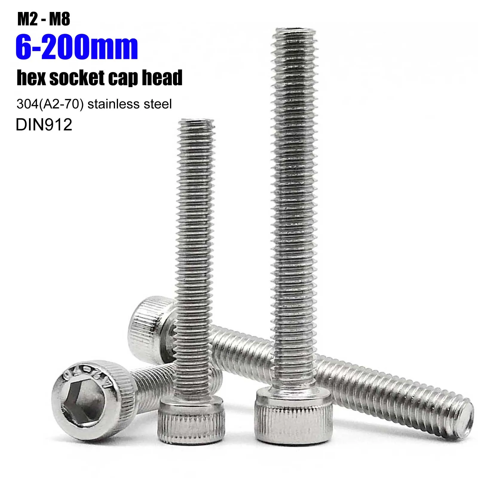 M2 M2.5 M3 M3.5 M4 M5 M6 M8 Ultra Uzun 200mm 304 A2-70 Paslanmaz Çelik DIN912 Allen Altıgen Başlı Soket Başlı Civata