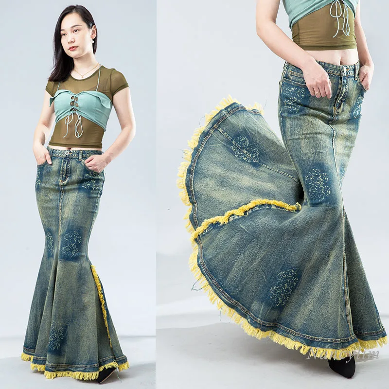 

Original Denim Skirt Women Spring Fashion Tie-Dyed Sheath Slim Fit Long Fishtail Skirts Ripped Tassel Special Large Swing Jupe