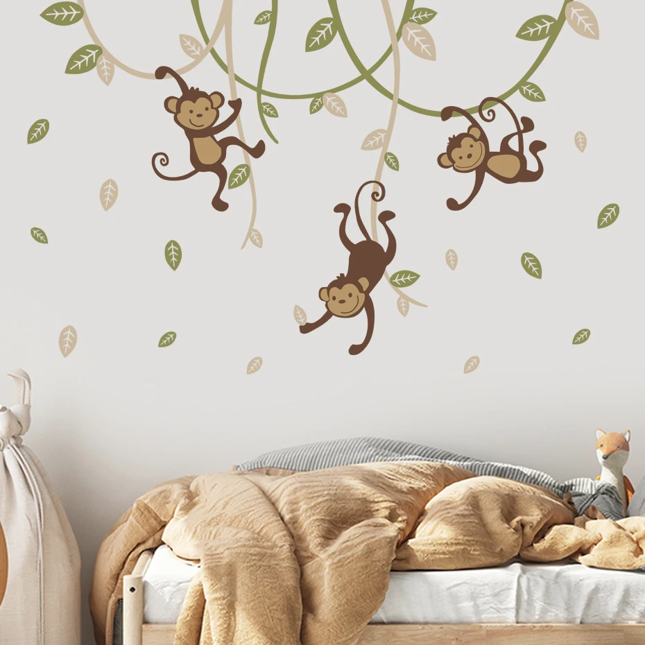 Купи Boho Monkey Hanging on Branch Leaves Jungle Wall Sticker Nursery Vinyl Wall Decal Boys Baby Bedroom Playroom Interior Home Decor за 707 рублей в магазине AliExpress