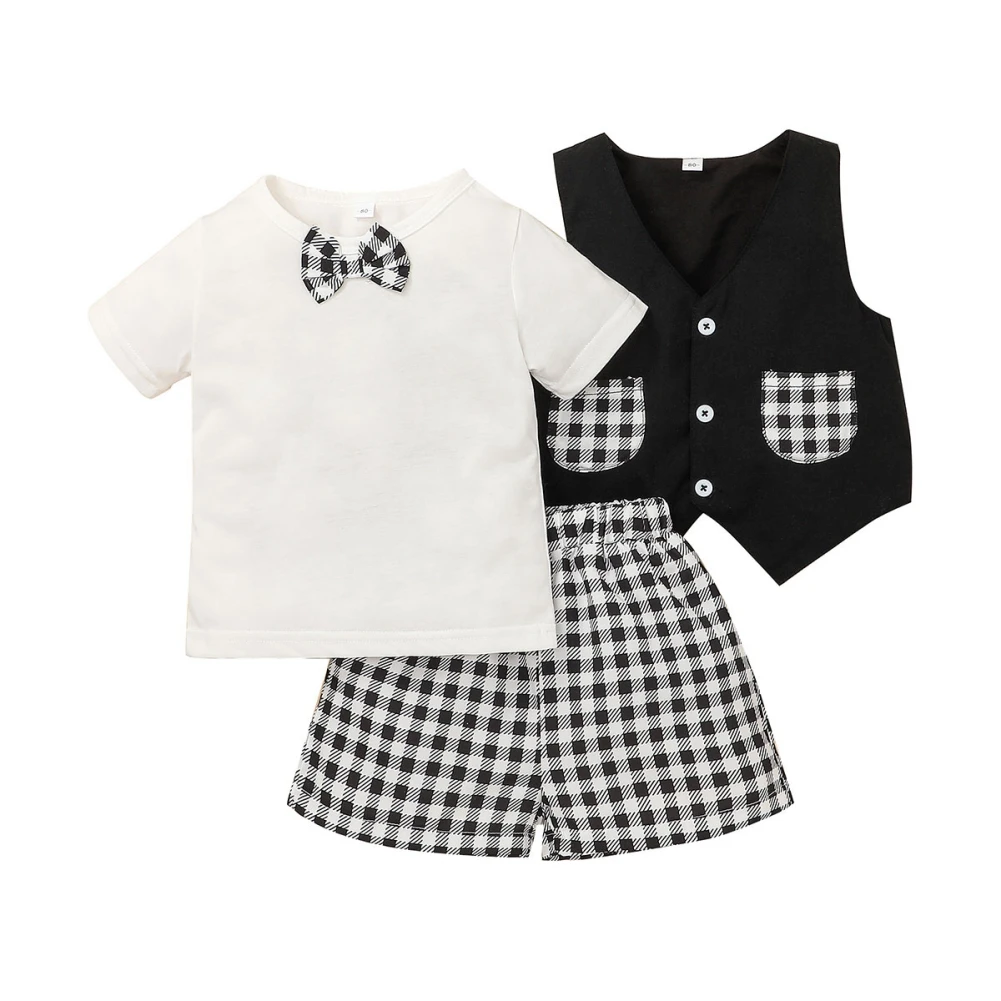 

3 Pcs Baby Boys Gentleman Suit Kids Bowtie T-shirt+Plaid Shorts+Vest Sets Toddler Cotton Children's Sets 1-5 Years For Child