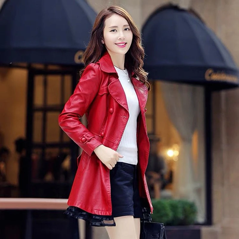Black Autumn Winter Coats Long Slim PU Leather Jacket Women 2022 Fashion Belt Plus Velvet Thick Double Breasted High Quality Top