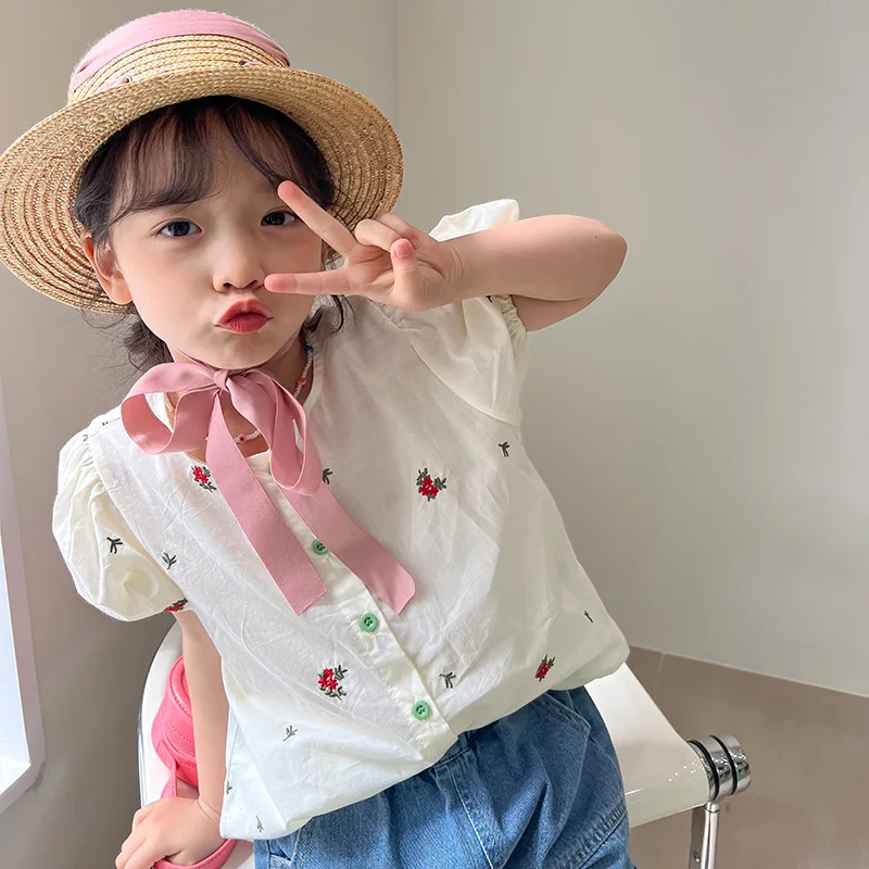 

Summer baby girls floral embroidery cotton shirts kids cute puff sleeve single breasted Tops