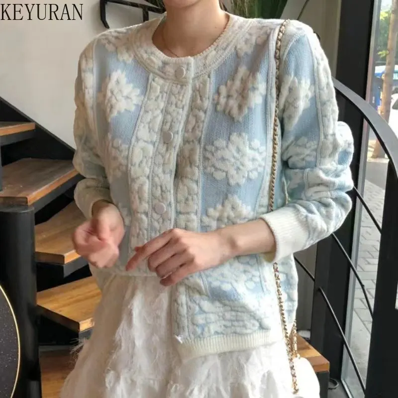 

Женский винтажный Кардиган с длинным рукавом, элегантный трикотажный свитер с цветочным принтом, весна-осень-зима 2023