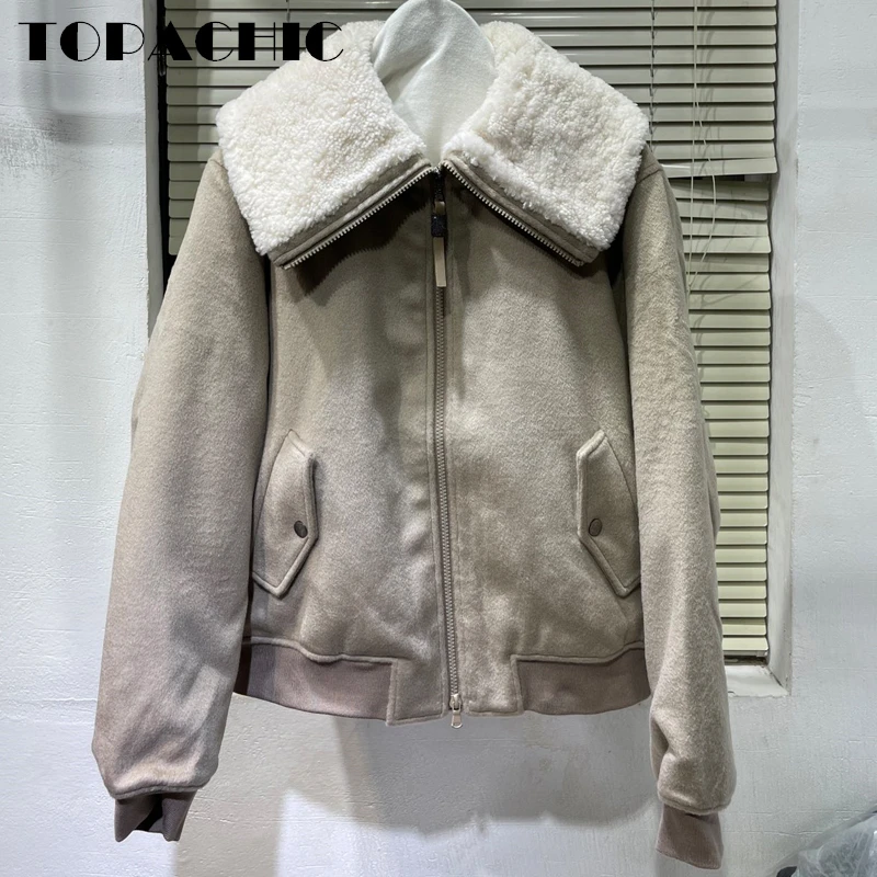

11,7 TOPACHIC Женская винтажная темпераментная куртка из овечьей шерсти с отложным воротником сохраняющая тепло куртка на молнии с утиным пухом