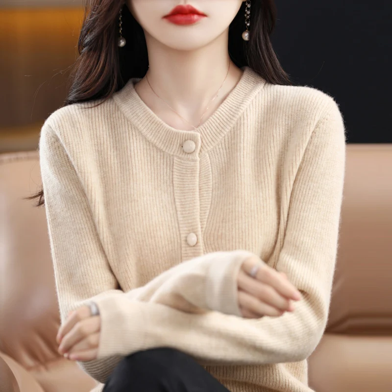 

Autumn And Winter New Solid Color Round Neck Long Sleeve Pure Wool Knitted Button Cardigan Women's Fashion Sweater Pullover