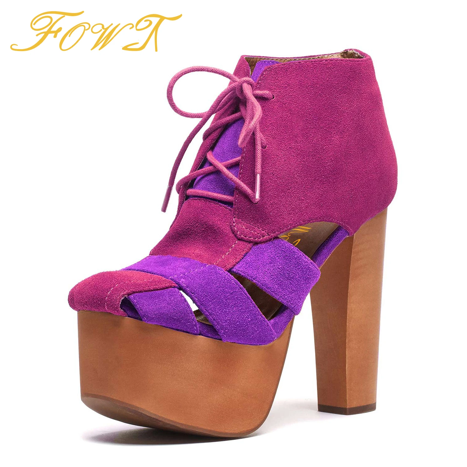 

Gradient Square Toe High Chunky Heels Roman Style Ankle Boots Woman Platform Lace Up Large Size 11 14 Ladies Autumn Sexy Shoes