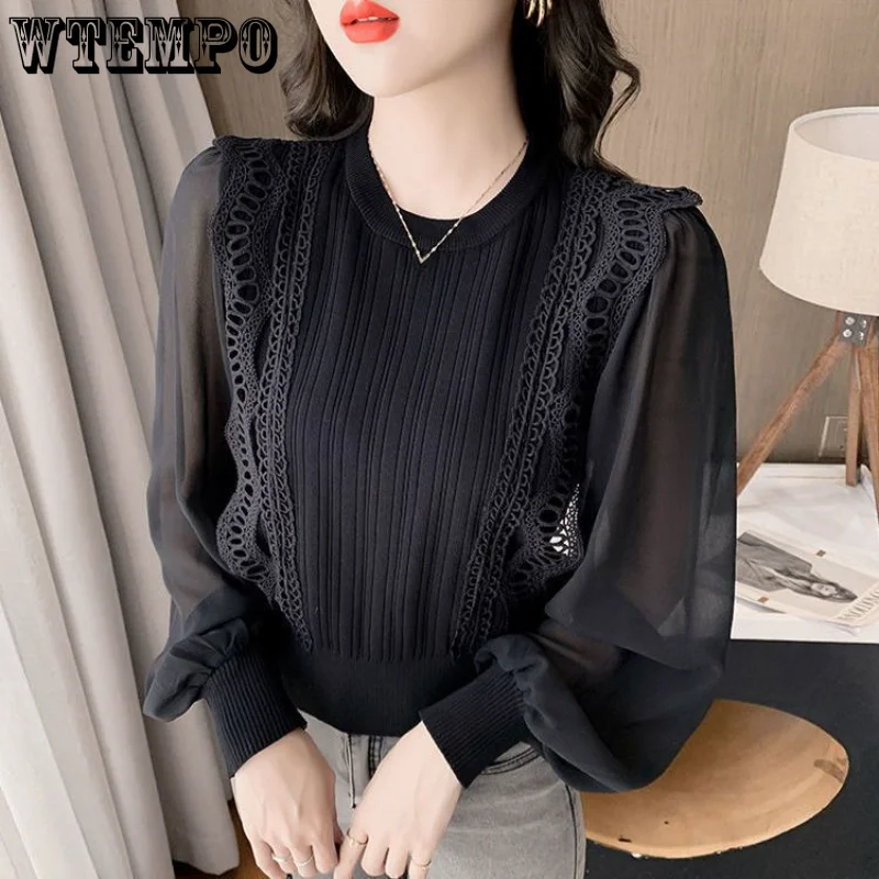 

WTEMPO Long Sleeved Lace Patchwork Chiffon Knit Bottom Shirt Loose Round Neck Casual Style Solid Spring and Autumn Women's Top