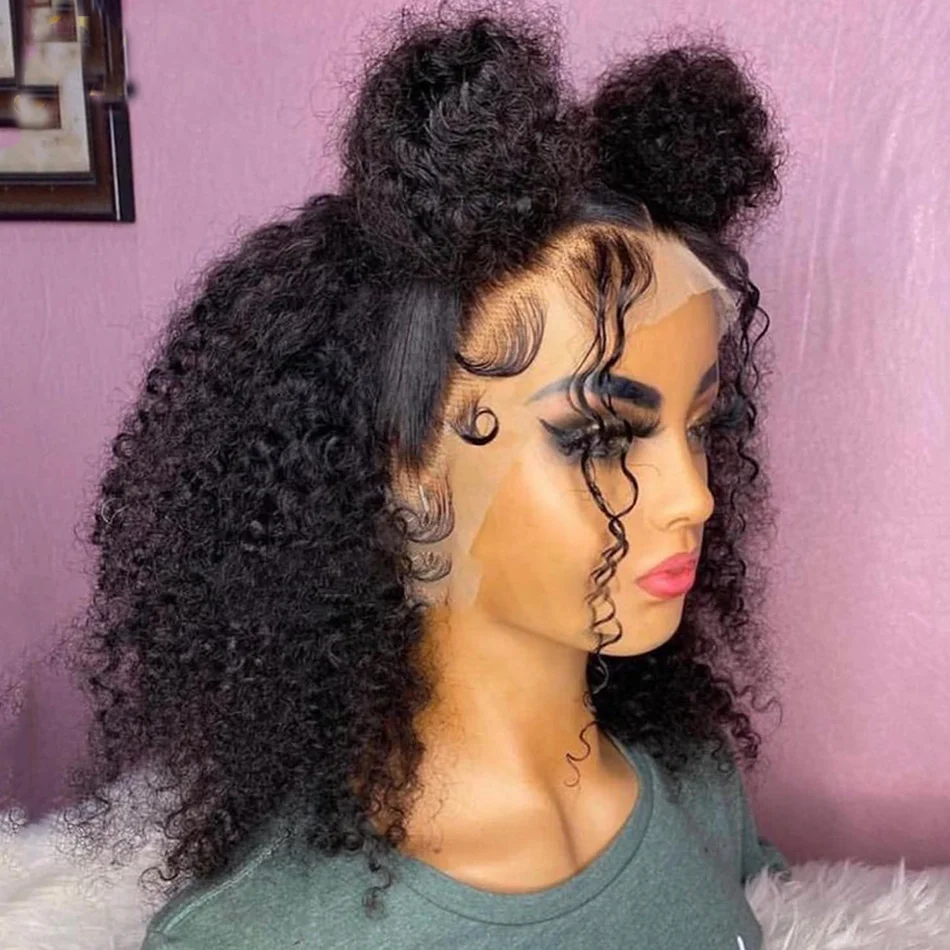 

16Inch 180Density Short Bob Kinky Curly Natural Black Lace Front Wig For Women BabyHair Daily Cosplay Glueless Soft Preplucked