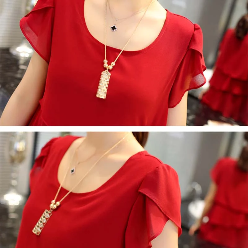 Summer slim mid-length chiffon dress loose short sleeves to send mom's pajamas fashion simple o collar casual peplum nightdress