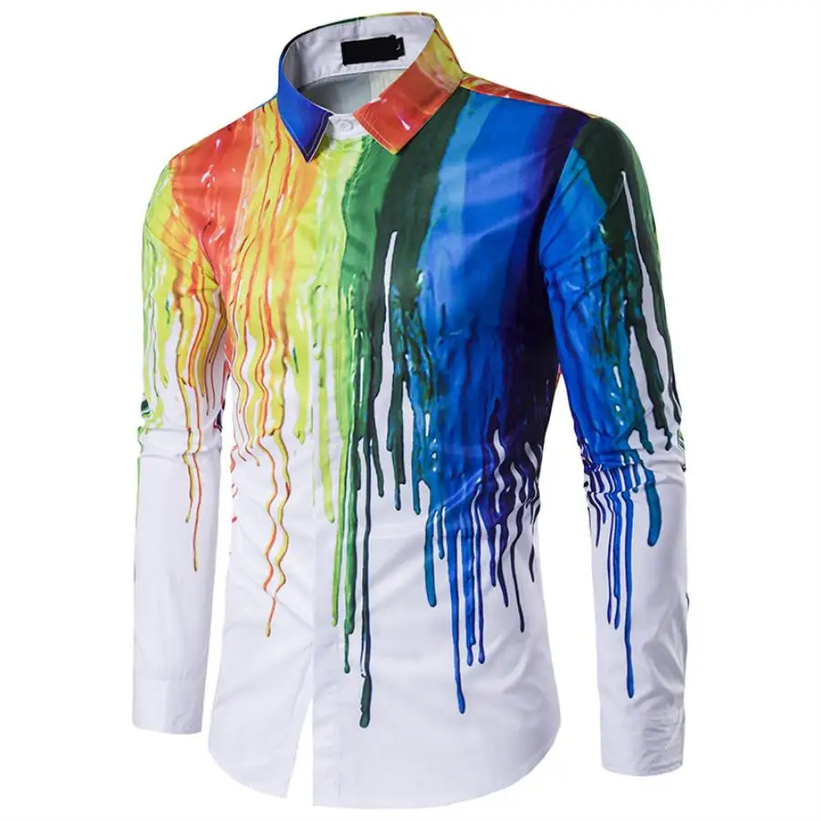 

New menswear shirt 3D splash print casual business Lapel fit Long Sleeve Shirt White rainbow